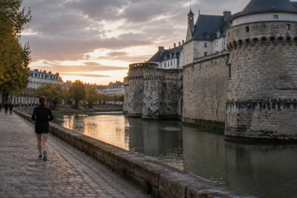 The castle of the dukes of Brittany with its ramparts and moat at dusk