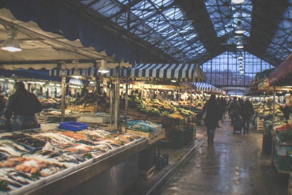 Fresh fish and produce stalls at Talensac market in Nantes