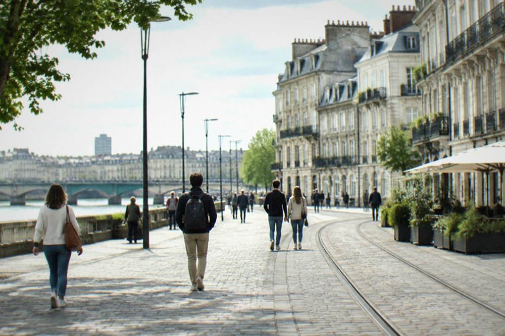 Visitors walking on a sunny afternoon through the old streets of central Nantes