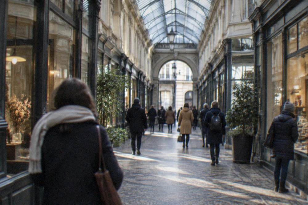A covered shopping passage in Nantes with visitors browsing under its glass roof