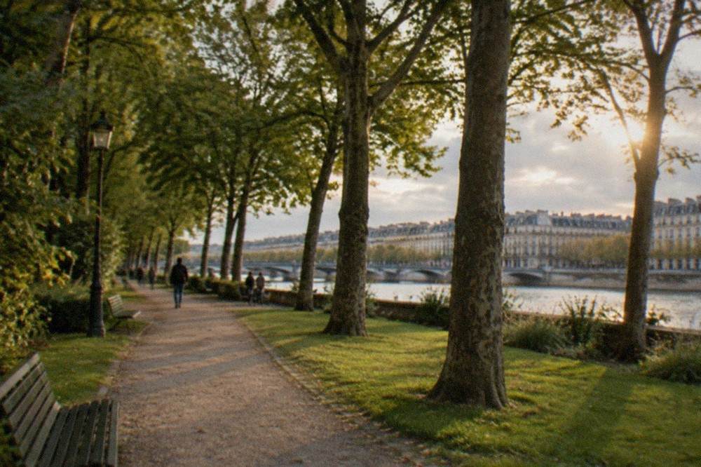 A shaded city park path with mature trees and lawns in Nantes