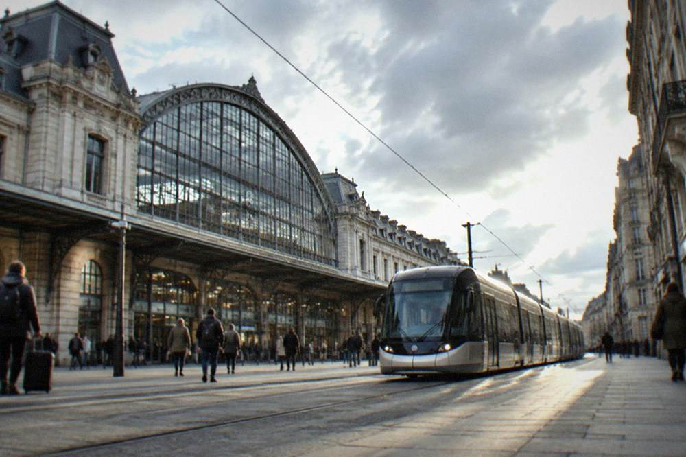 A modern tram moving through a city street lined with stone buildings