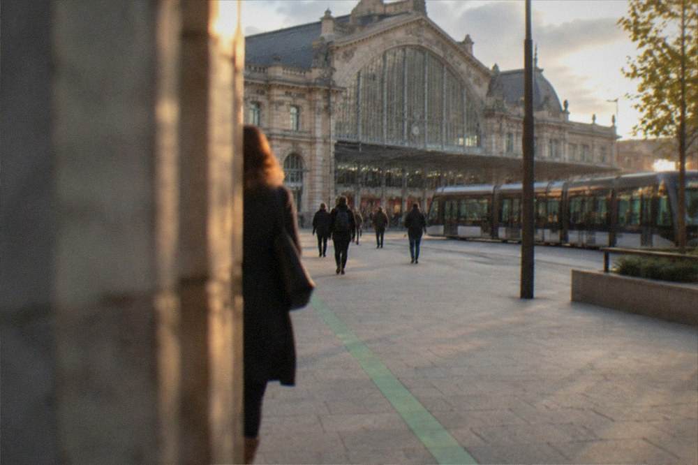 A green painted line running along a city pavement past historic stone facades