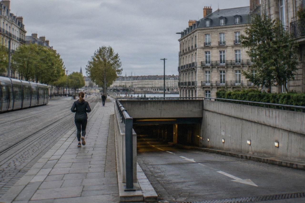 A car park entrance in central Nantes with tram tracks running along the street outside
