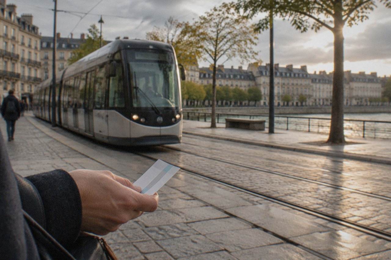 A visitor holding a paper travel pass beside a Nantes tram on a European city street