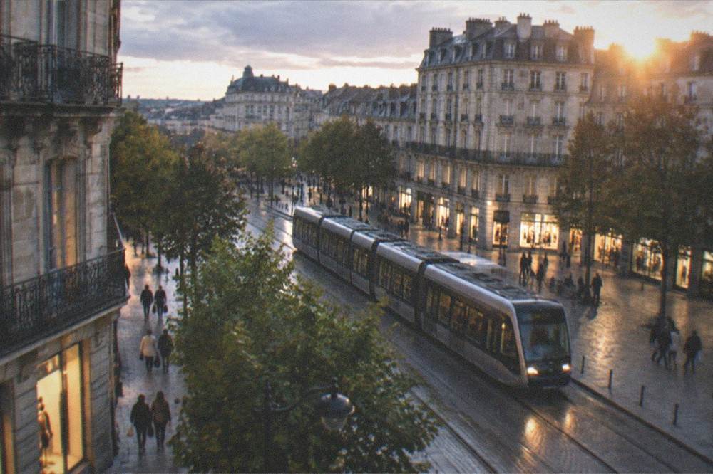 An evening tram gliding past illuminated shopfronts on a busy Nantes street