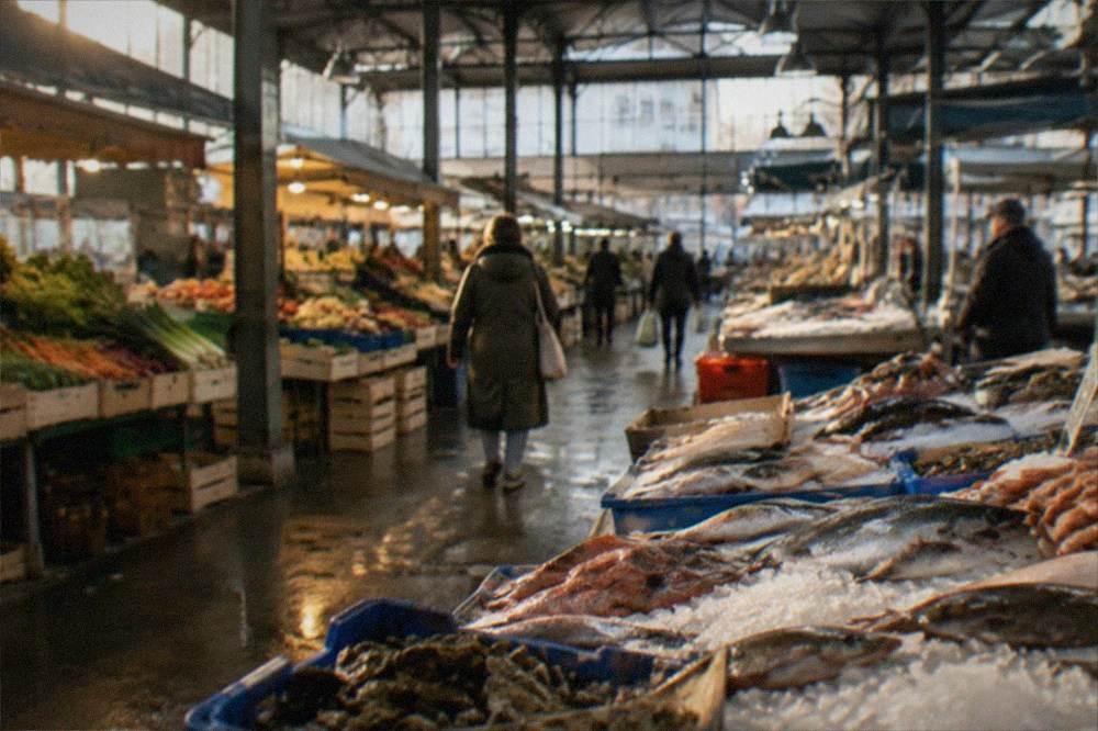 Market stalls of fresh fish and produce under a covered market roof