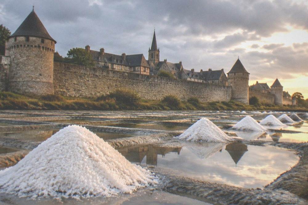 Rows of sparkling white sea salt harvested in the Guerande salt marshes at golden hour