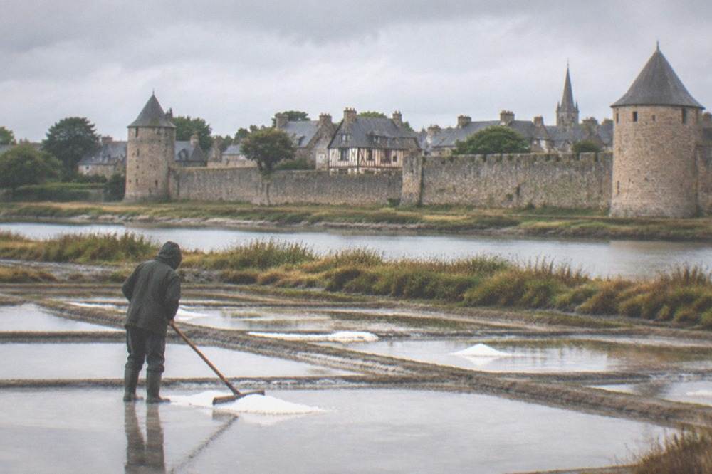 A salt worker raking fleur de sel from shallow square pans at Guérande