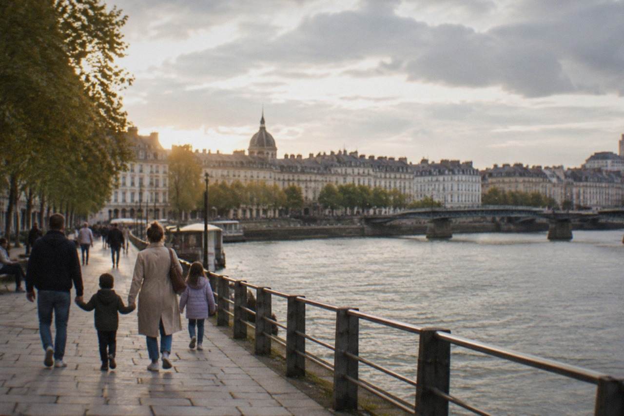 Families walking along a riverside promenade in central Nantes on a sunny afternoon