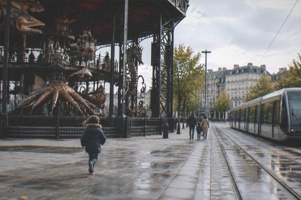 A family riding a modern tram through a city street with trees and old buildings