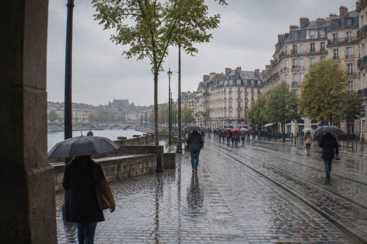 Rainy street in central Nantes with wet cobblestones and people under umbrellas