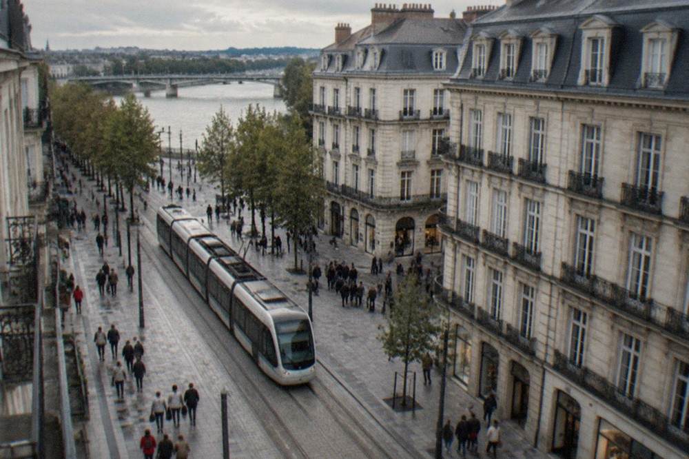 A tram passing through a busy shopping street in central Nantes
