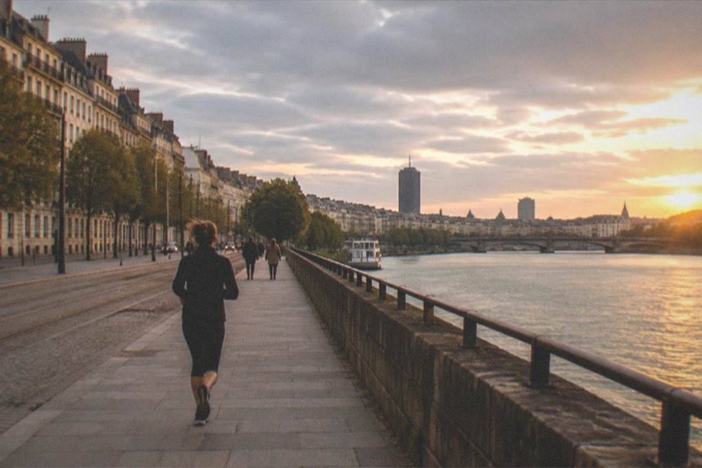 Evening light on the Loire river with the towers of Nantes skyline in the background