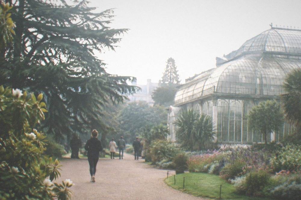 Travellers looking up at a greenhouse glasshouse in the Jardin des Plantes in Nantes