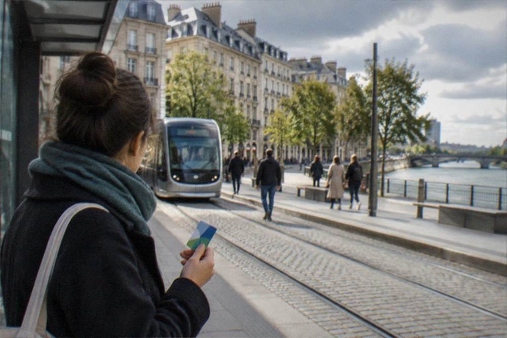 A visitor holding a city pass card beside a tram stop in central Nantes