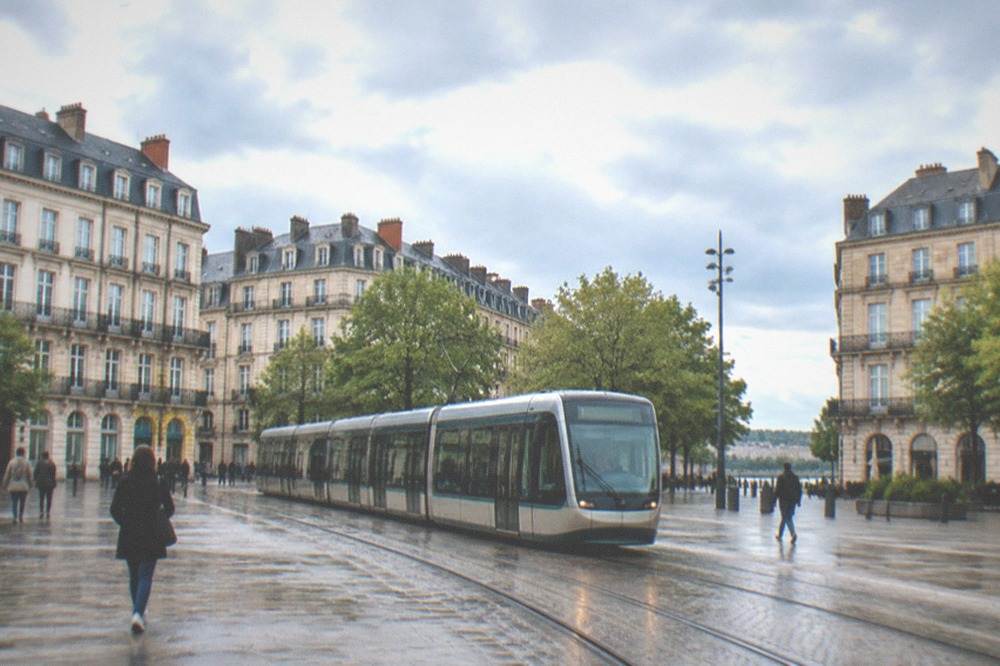 A Nantes tram passing through a city square with pedestrians nearby