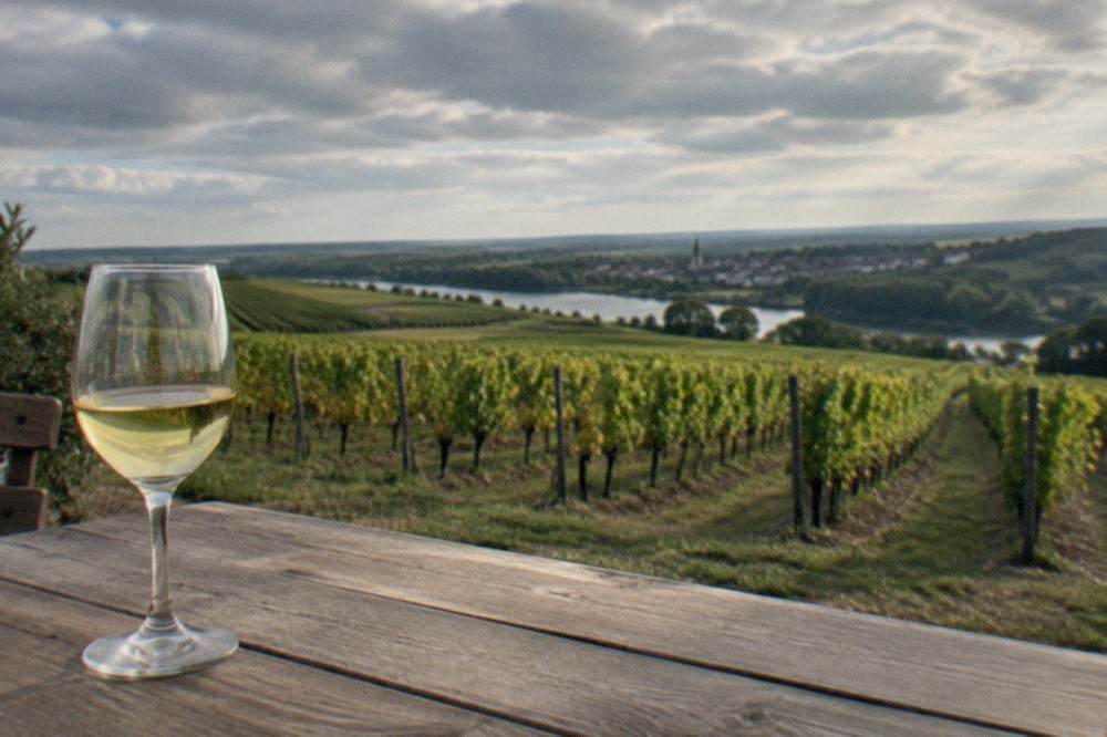 A glass of pale white wine on a wooden tasting table beside a vineyard view