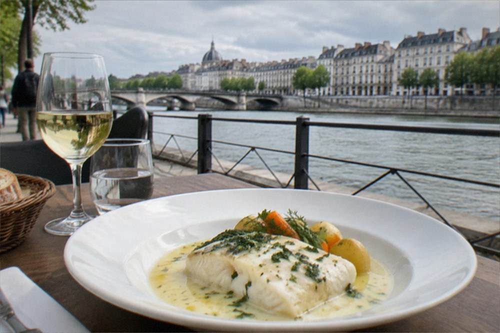 A plate of poached fish with pale butter sauce on a restaurant table in Nantes